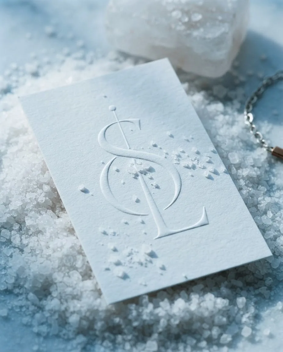 The Sol logo embossed on a business card surrounded by salt, part of the concept campaign