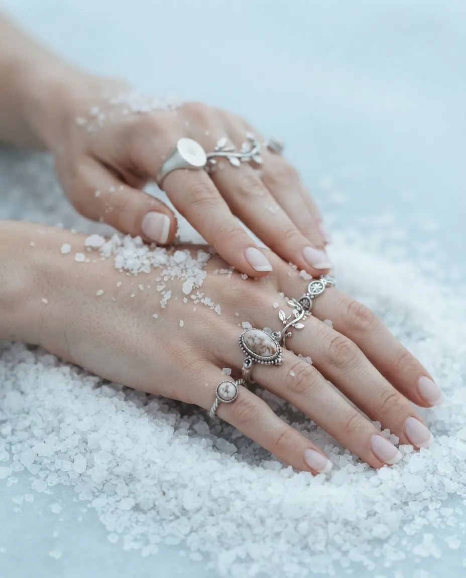Hands wearing stacked Sol silver rings resting on sea salt