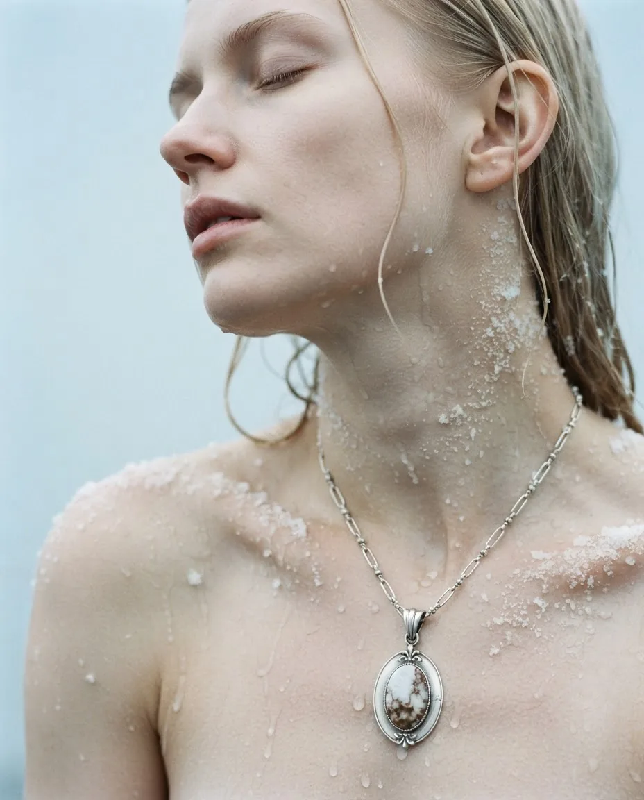 Model in profile wearing a Sol silver and stone pendant with salt on the skin