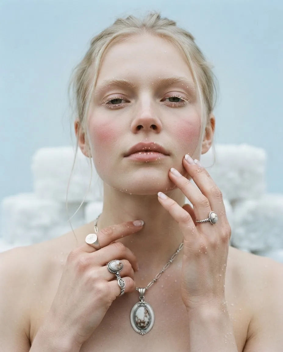 Model wearing Sol silver rings and a natural stone pendant