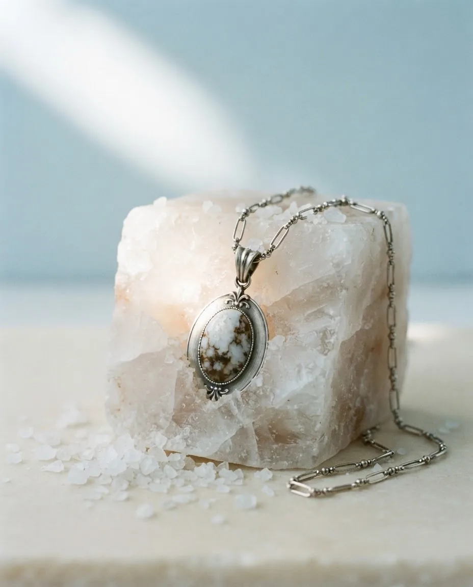 Sol silver pendant with a natural stone resting on a salt crystal