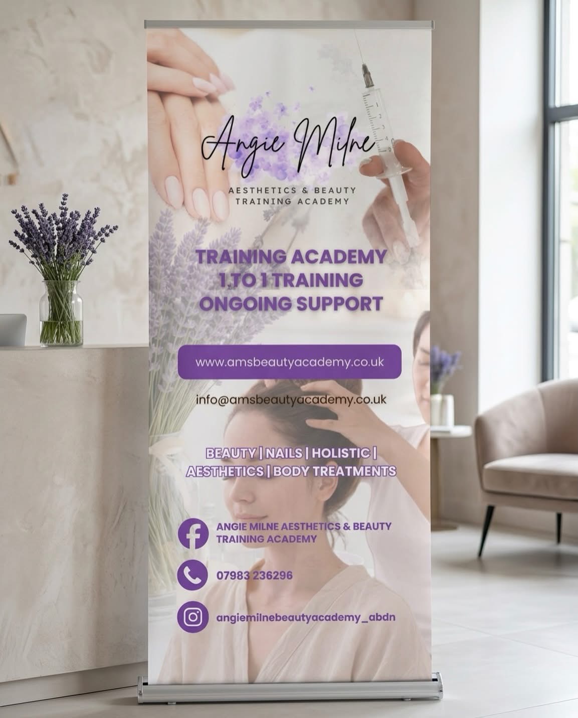Roll up banner designed for AMS Beauty Academy in their brand colours, combining their beauty treatments into one graphic