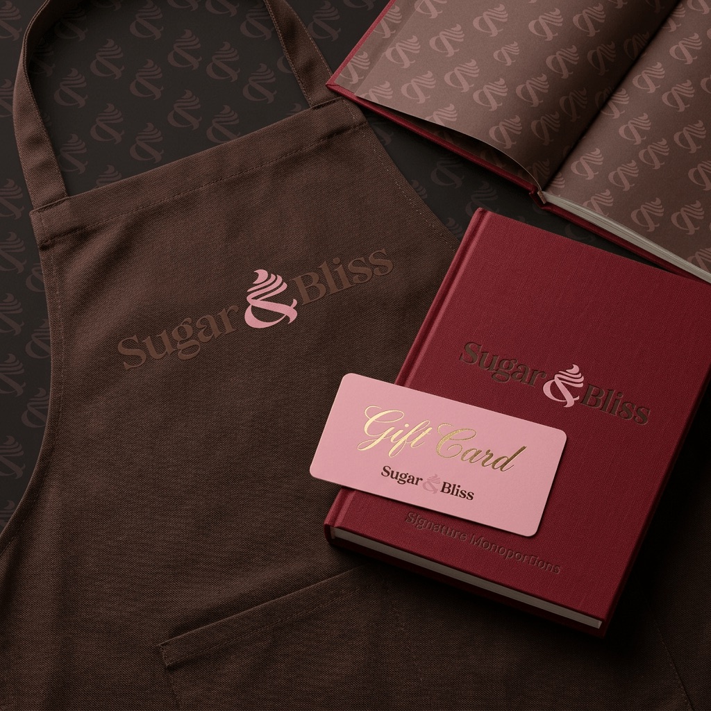 Sugar & Bliss branded apron and gift card mockup